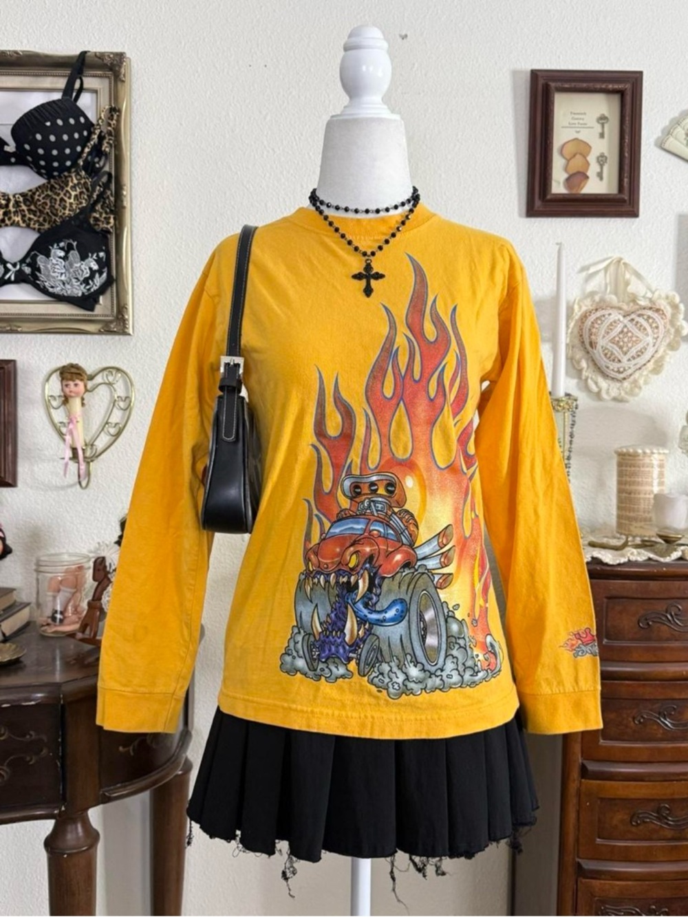 Y2k skater grunge JNCO Jeans graphic glitter flame print long sleeve top
